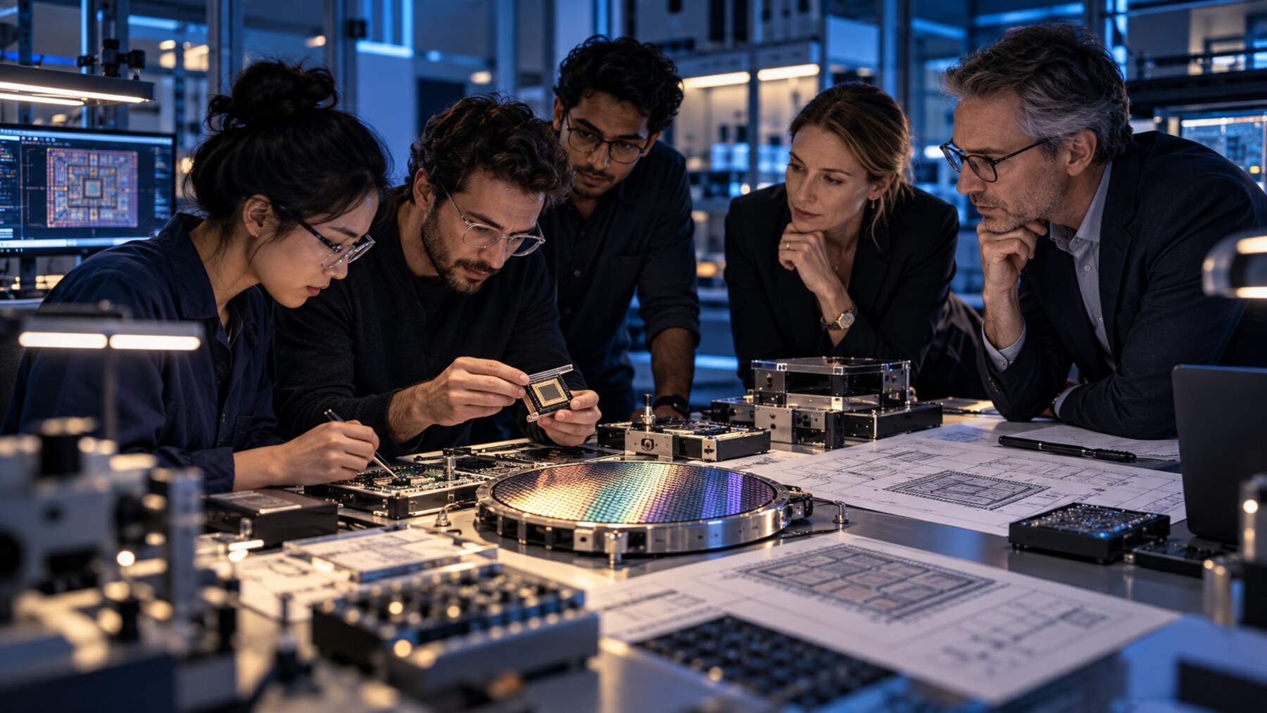 Founders, engineers, and experienced investors working together around semiconductor prototypes and architectural plans