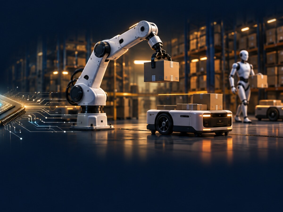 Robotic arm, autonomous vehicle, and humanoid robot operating in a warehouse